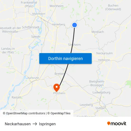 Neckarhausen to Ispringen map