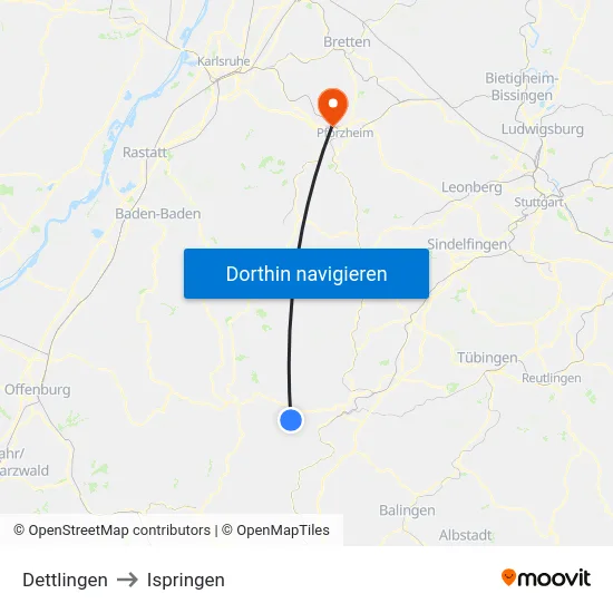 Dettlingen to Ispringen map