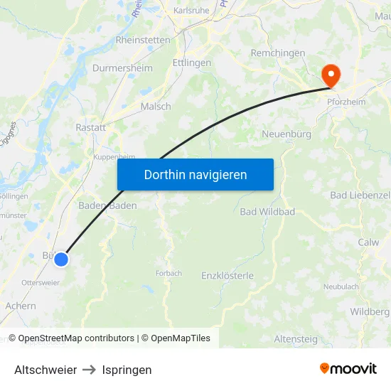 Altschweier to Ispringen map