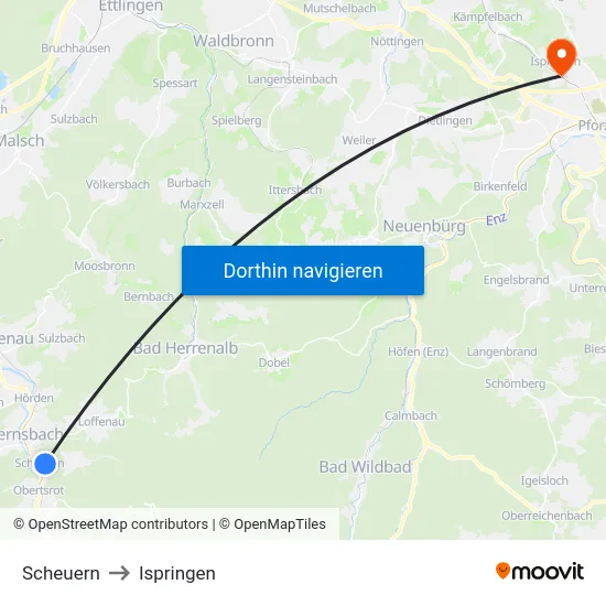 Scheuern to Ispringen map