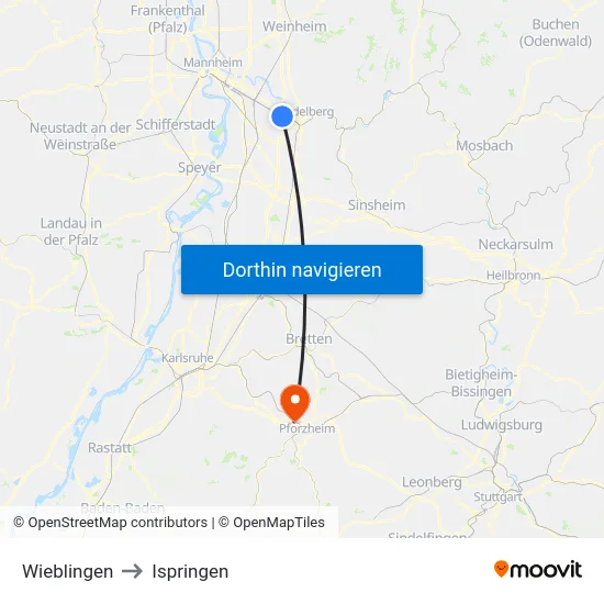 Wieblingen to Ispringen map