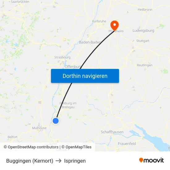Buggingen (Kernort) to Ispringen map