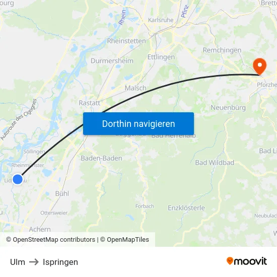 Ulm to Ispringen map