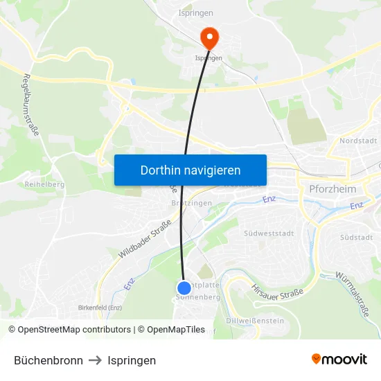 Büchenbronn to Ispringen map