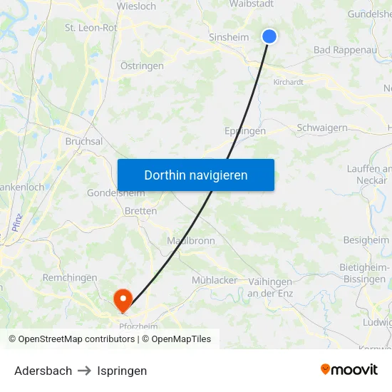 Adersbach to Ispringen map