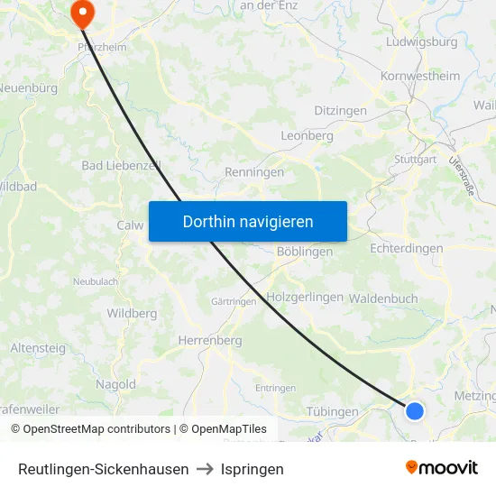 Reutlingen-Sickenhausen to Ispringen map