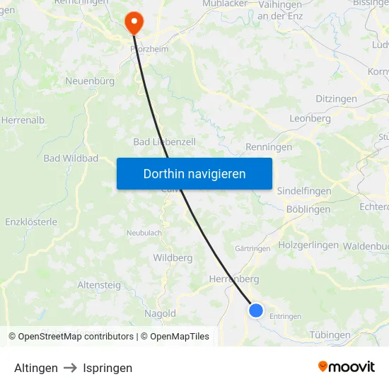 Altingen to Ispringen map