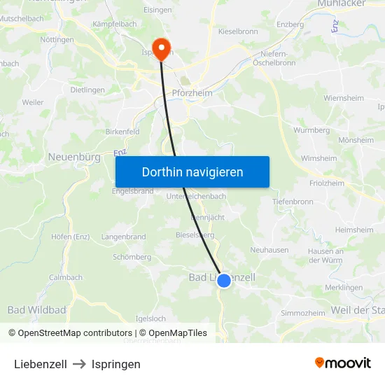 Liebenzell to Ispringen map
