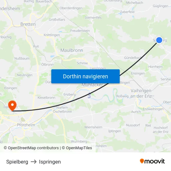 Spielberg to Ispringen map