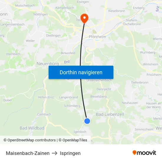 Maisenbach-Zainen to Ispringen map