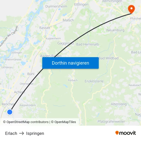 Erlach to Ispringen map