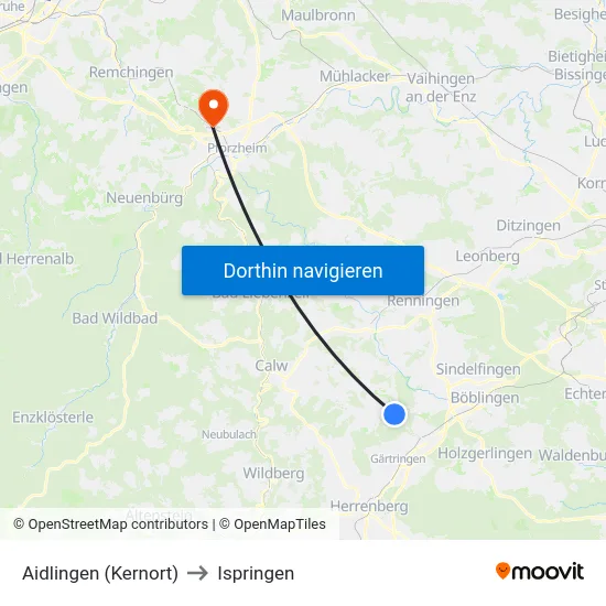 Aidlingen (Kernort) to Ispringen map
