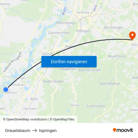 Grauelsbaum to Ispringen map