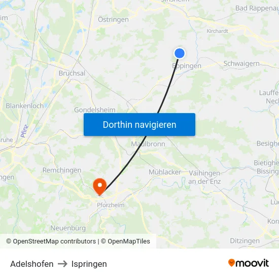 Adelshofen to Ispringen map