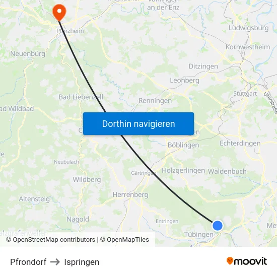 Pfrondorf to Ispringen map