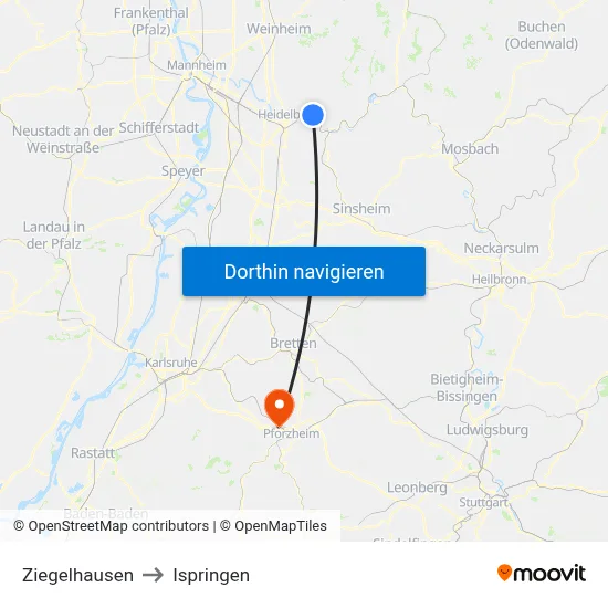 Ziegelhausen to Ispringen map