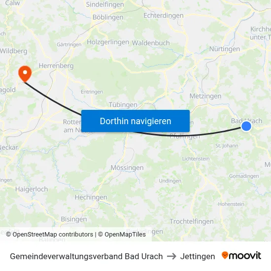 Gemeindeverwaltungsverband Bad Urach to Jettingen map
