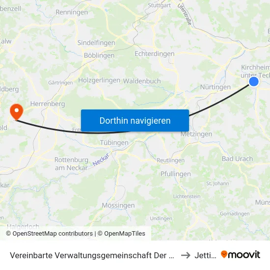 Vereinbarte Verwaltungsgemeinschaft Der Stadt Kirchheim Unter Teck to Jettingen map