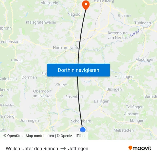Weilen Unter den Rinnen to Jettingen map