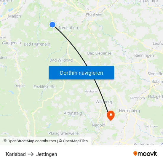 Karlsbad to Jettingen map