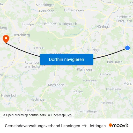 Gemeindeverwaltungsverband Lenningen to Jettingen map