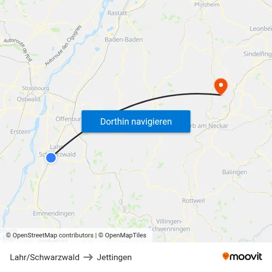Lahr/Schwarzwald to Jettingen map