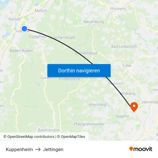 Kuppenheim to Jettingen map