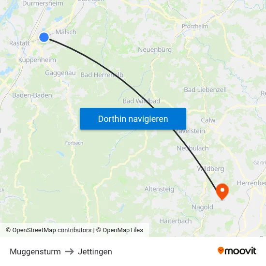 Muggensturm to Jettingen map