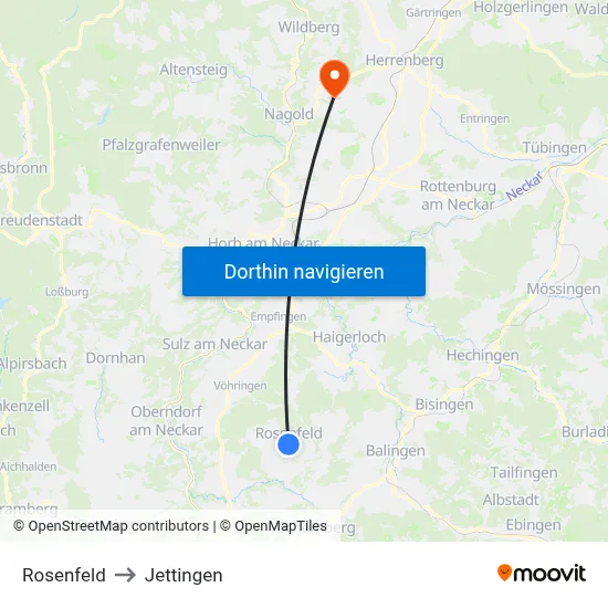 Rosenfeld to Jettingen map