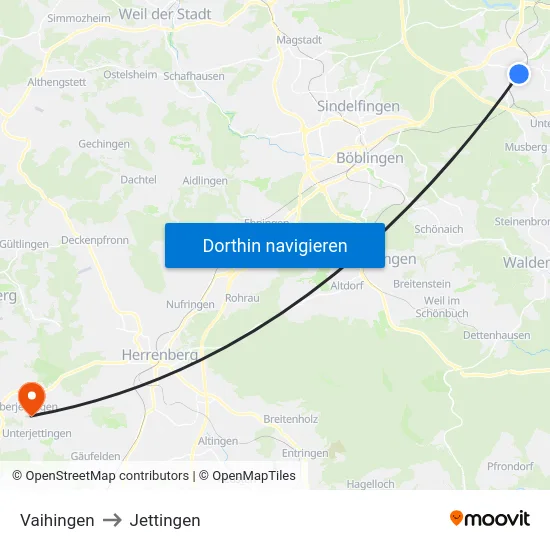 Vaihingen to Jettingen map