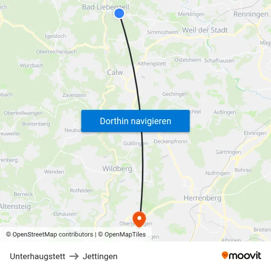 Unterhaugstett to Jettingen map