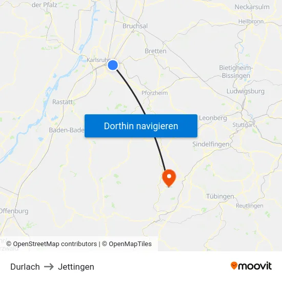 Durlach to Jettingen map