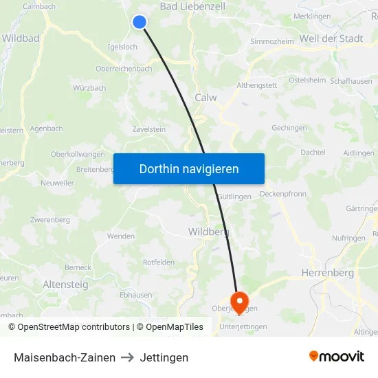 Maisenbach-Zainen to Jettingen map
