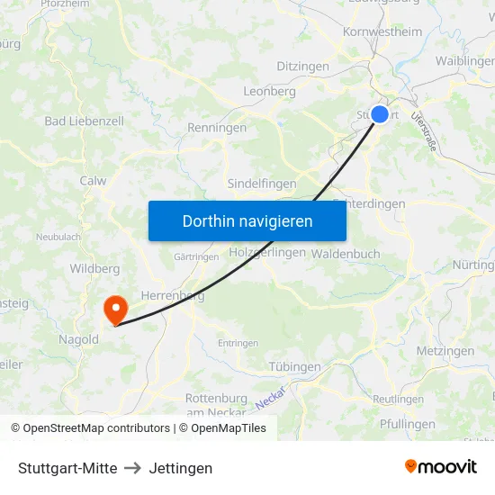 Stuttgart-Mitte to Jettingen map