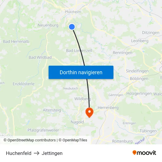 Huchenfeld to Jettingen map