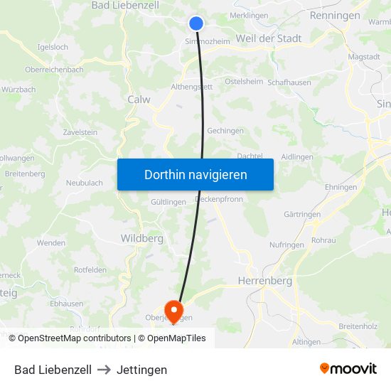 Bad Liebenzell to Jettingen map