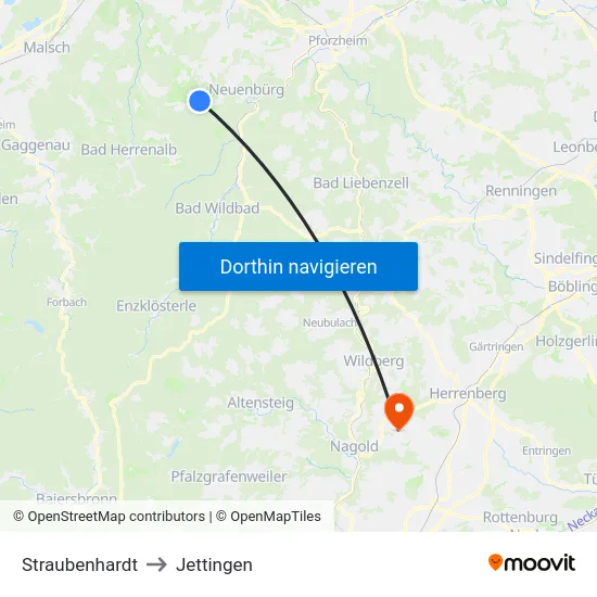 Straubenhardt to Jettingen map