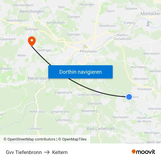 Gvv Tiefenbronn to Keltern map