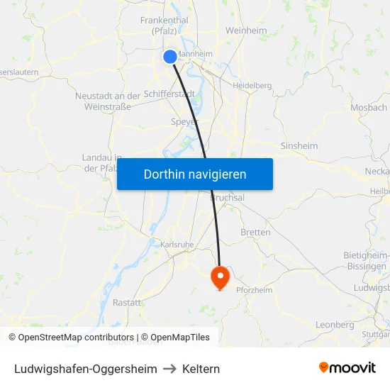 Ludwigshafen-Oggersheim to Keltern map