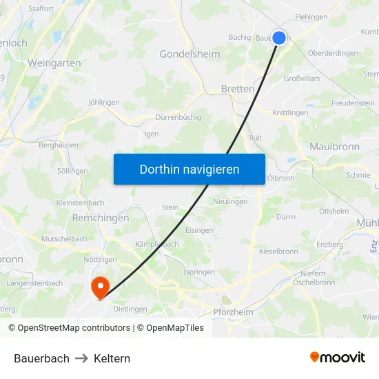 Bauerbach to Keltern map