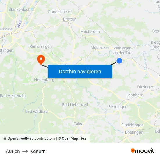 Aurich to Keltern map