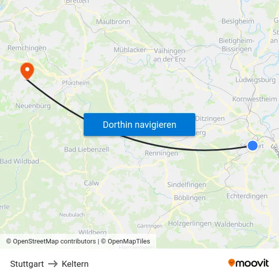 Stuttgart to Keltern map