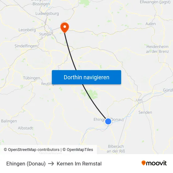 Ehingen (Donau) to Kernen Im Remstal map