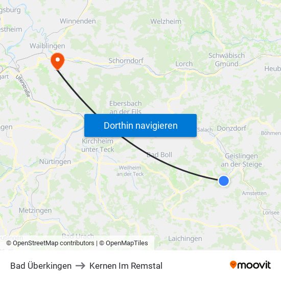 Bad Überkingen to Kernen Im Remstal map