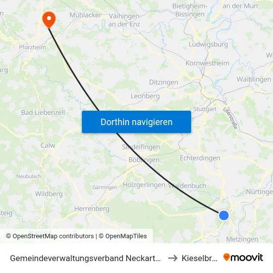 Gemeindeverwaltungsverband Neckartenzlingen to Kieselbronn map