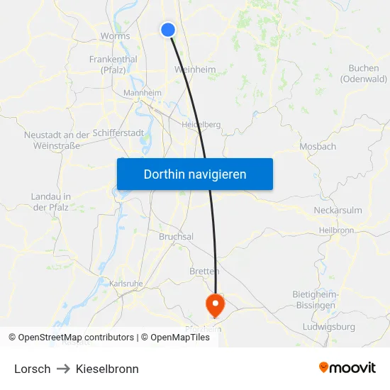 Lorsch to Kieselbronn map
