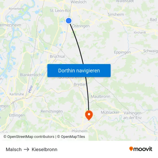 Malsch to Kieselbronn map