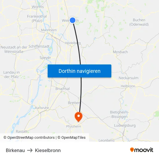 Birkenau to Kieselbronn map