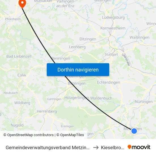 Gemeindeverwaltungsverband Metzingen to Kieselbronn map