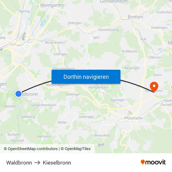 Waldbronn to Kieselbronn map